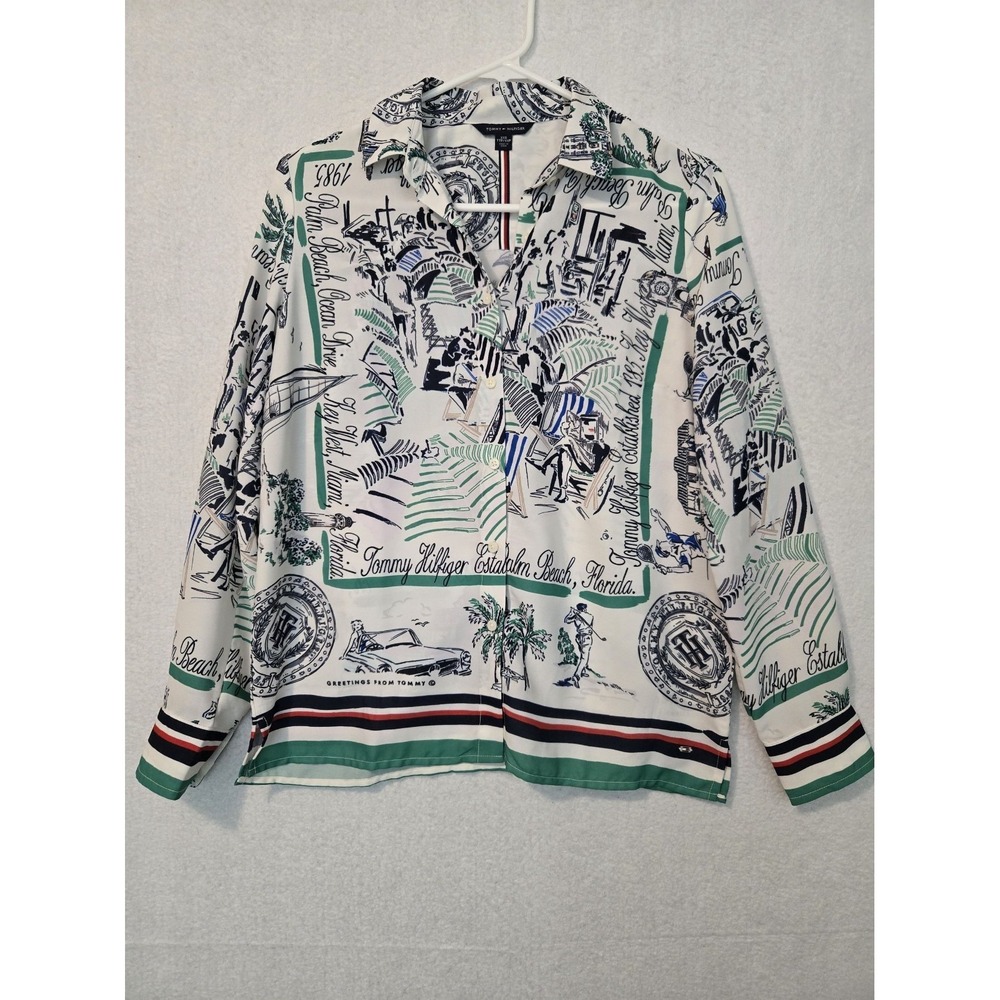 Tommy Hilfiger‎ Womens Shirt Top XXS Printed Florida Polyester Long Sleeve